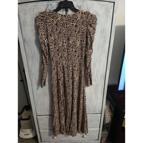 Zara Leopard Ruched Puff Long Sleeve Maxi Dress Xs Boho Cottage Core - Picture 6 of 9